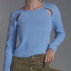 By Anthropologie Long Sleeve Ribbed Cutout Cotton Top Shirt Blue medium